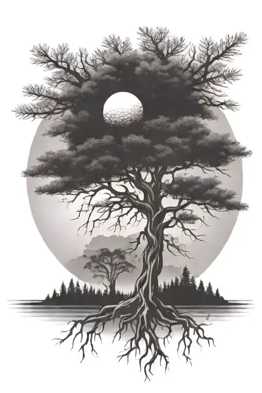 evergreen tree with golf ball in roots reaching deep mountian backround   tattoo design idea
