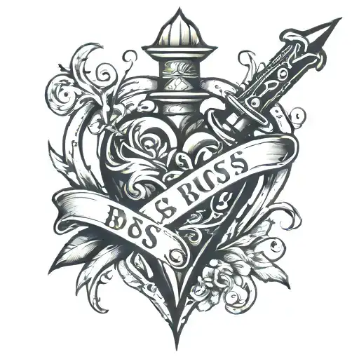 heart with dagger with the word boss above it tattoo design idea