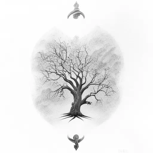 roman numeral five, oak tree tattoo design idea