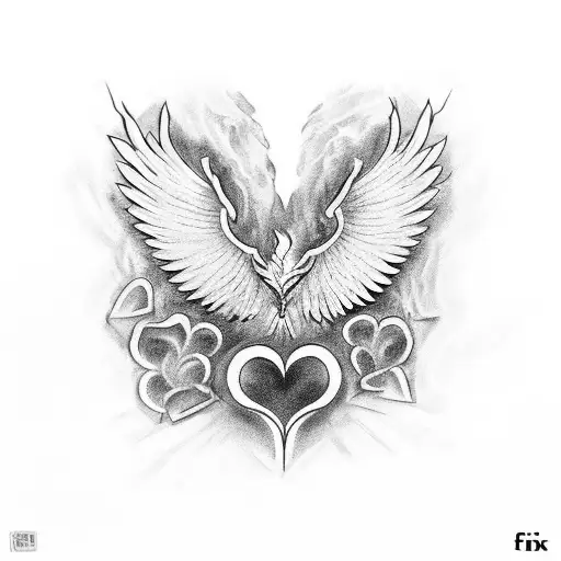 fenix bird rising from broken heart that is made of crumbling stonewall, neo traditional tattoo style, black and white,  tattoo design idea