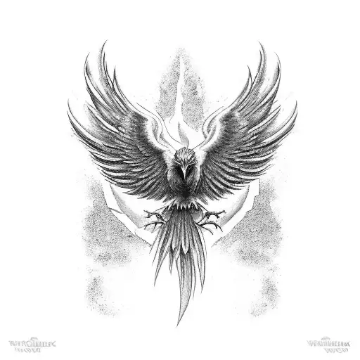 In a monochromatic black and white setting, a stunning phoenix bird emerges from a cracked and weathered stonewall, whic tattoo design idea