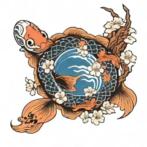 koi fish, japanese cherry blossoms, clouds, bonsai tree, dragon, crane, flowers tattoo design idea