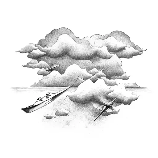 Clouds, a speedboat driving through crashing waves and money flying out the back tattoo design idea
