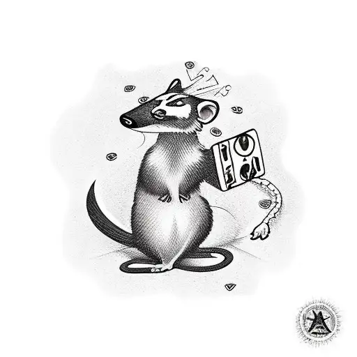 black and white old-school tattoo opossum playing ouija board on a road while another opossum is dead in the middle of t tattoo design idea