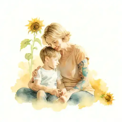 A mother sits next to her son, who is on the autism spectrum. In the background, a painting of sunflowers, evoking the w tattoo design idea