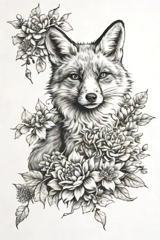 A fox laying on its back on a flower bed of roses, daffodils, and Chrysanthemums. tattoo design idea