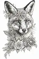 A fox laying on its back on a flower bed of roses, daffodils, and Chrysanthemums. tattoo design idea