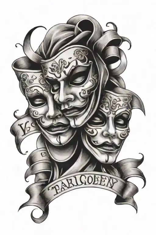 tragedy and comedy mask, with a three layerd banner ribbon behind it, with space for three medium sized words on it. tattoo design idea