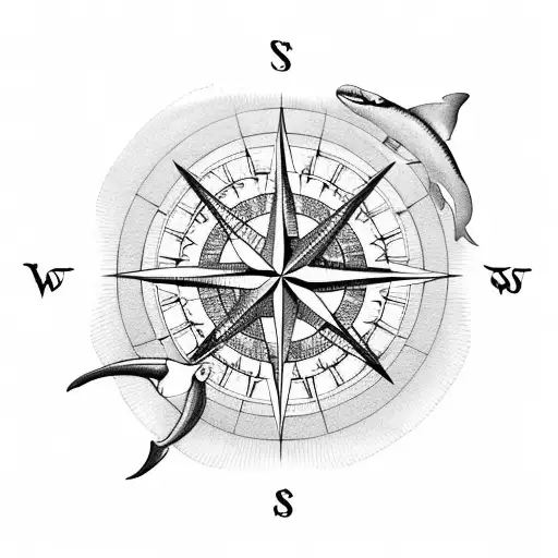 A compass rose surrounded by various marine creatures like whales, sharks, and sea turtles tattoo design idea