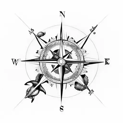 A compass rose surrounded by various marine creatures like whales, sharks, and sea turtles tattoo design idea