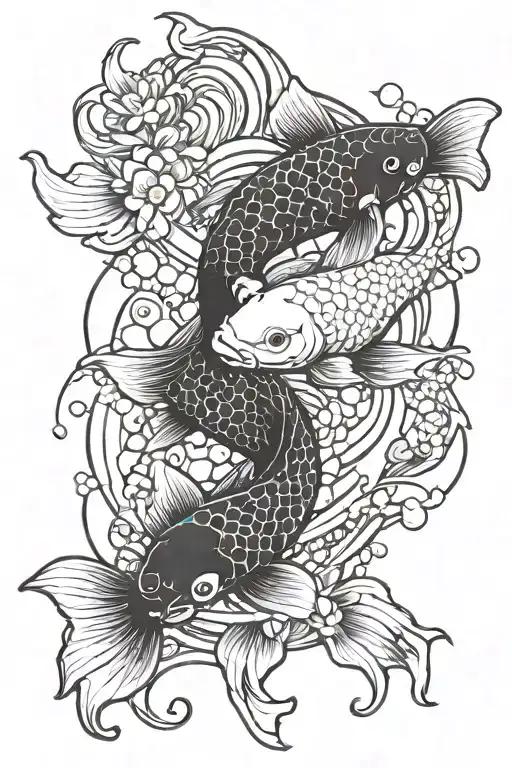 Two koi fish circled around each other in yin and yang style with one fish alive and well and another decaying for a bac tattoo design idea
