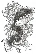 Two koi fish circled around each other in yin and yang style with one fish alive and well and another decaying for a bac tattoo design idea