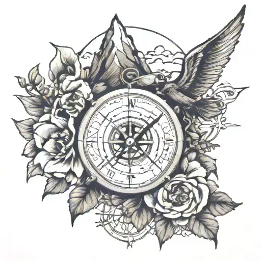 mountains, A and J, columbine, compass, propeller tattoo design idea
