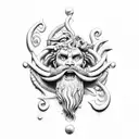 Poseidon no mar tridente ondas pedras tattoo design idea