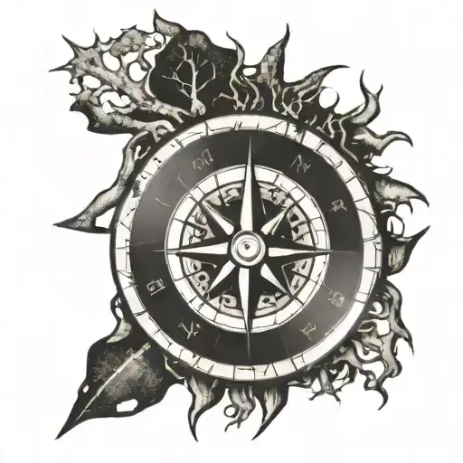 compass with tree roots spreading tattoo design idea