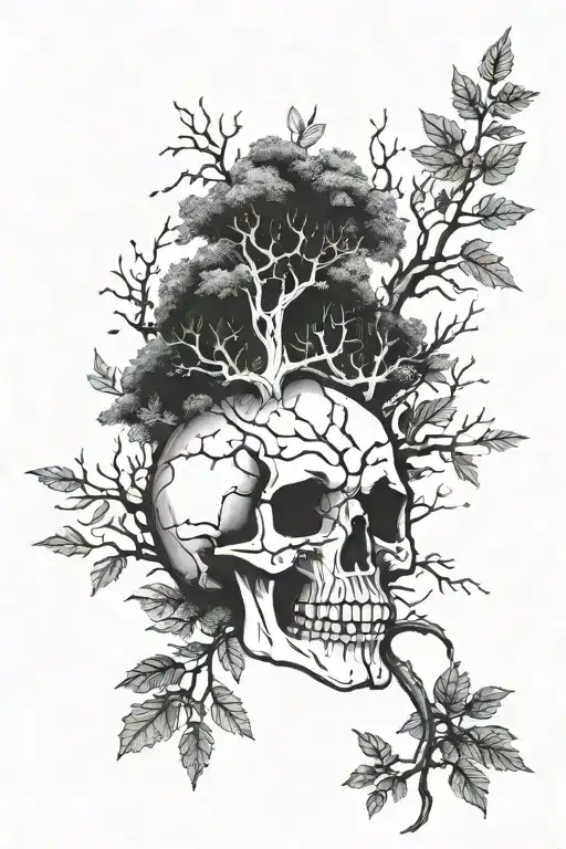 skull with trees growing tattoo design idea