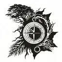 compass with tree roots spreading tattoo design idea