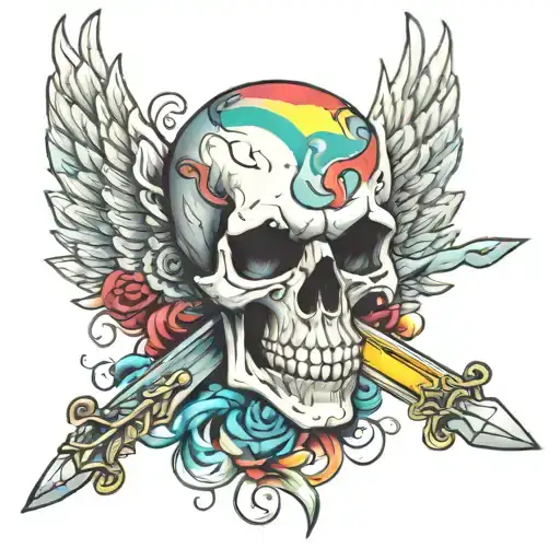 Skull with a sword through it, with wings in a rainbow colouring. tattoo design idea