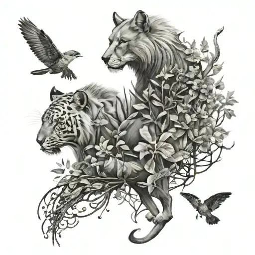 A nature-inspired sleeve tattoo featuring various animals in a black-grey style tattoo design idea