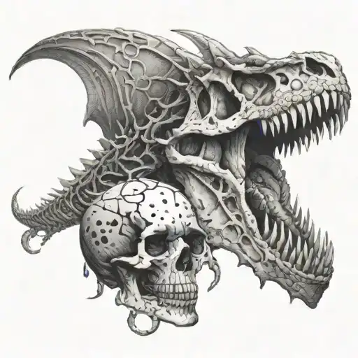 A dragon emerging from a skull, with a T-rex skeleton wrapped around its tail tattoo design idea