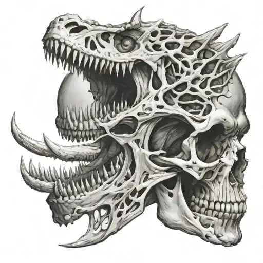 A dragon emerging from a skull, with a T-rex skeleton wrapped around its tail tattoo design idea