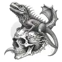 A dragon emerging from a skull, with a T-rex skeleton wrapped around its tail tattoo design idea