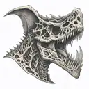 A dragon emerging from a skull, with a T-rex skeleton wrapped around its tail tattoo design idea