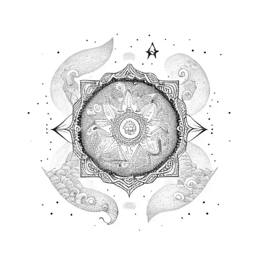 A serene sleeping figure surrounded by a mandala of stars and moons tattoo design idea
