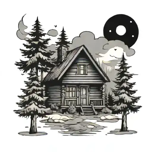 cabin with fur trees in background black tattoo design idea