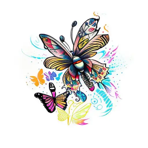 Dominic in cursive writing with butterflies and multi colored ink splash  tattoo design idea