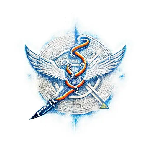represents fire axes, caduceus, hermes and two snakes around winged staff tattoo design idea