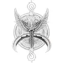 represents fire axes, caduceus, hermes and two snakes around winged staff tattoo design idea