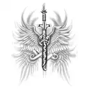 represents fire axes, caduceus, hermes and two snakes around winged staff tattoo design idea