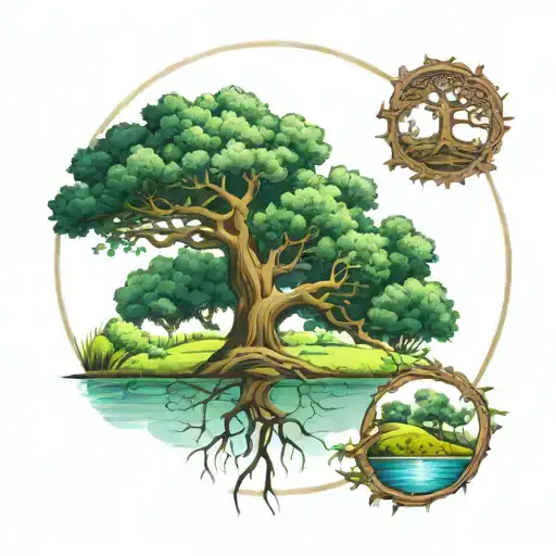 Tattoo on upper arm of the Tree of Life as a  large oak tree planted in a field by a stream of still waters tattoo design idea