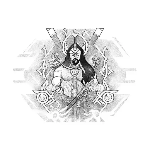 A majestic blackwork tattoo of a Norse god wielding a chemical flask as a weapon tattoo design idea