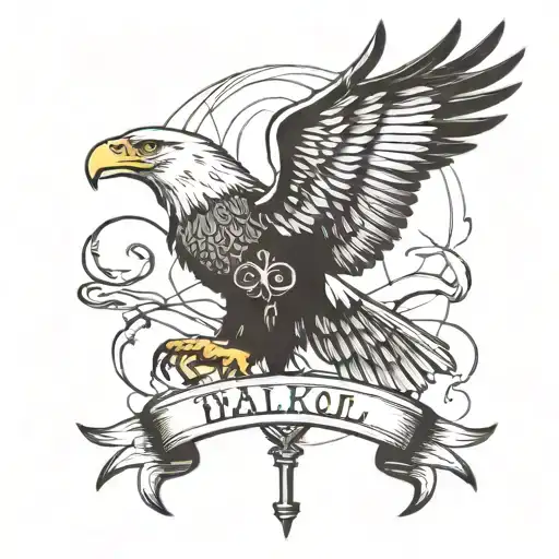 Design a detailed blackwork tattoo of a bald eagle clutching a military dog tag in its talons tattoo design idea