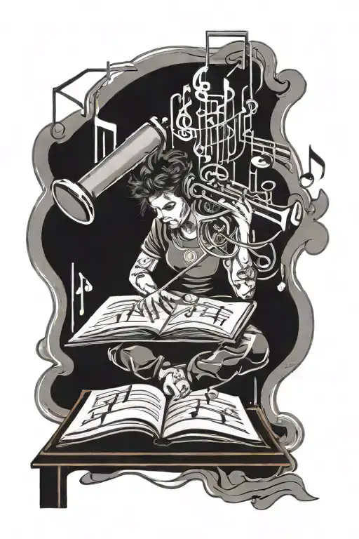 A tattoo design of a student studying hard with musical notes floating around, reflecting your passion for music and dedication to your studies tattoo design idea