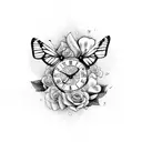 Butterfly, rose, clock, nature tattoo design idea