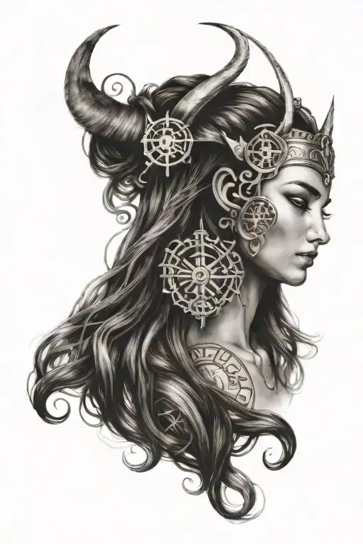 a mystical woman of the sign of Sagittarius with long hair and the symbols of the zodiac behind. tattoo design idea