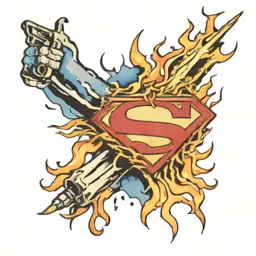 superman arm flames guns intertwined tattoo design idea
