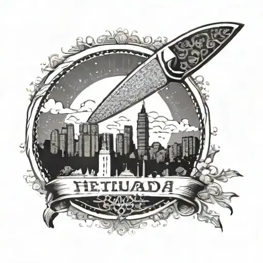 A chef's knife with the skyline of Hetauda, Nepal in the blade tattoo design idea