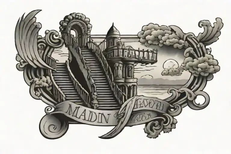 Made in heaven tattoo on two lines with staircase to heaven in background    tattoo design idea