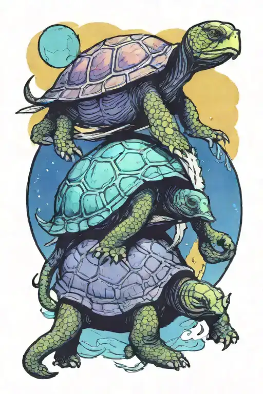 The world turtle (Flat earth on the back of elephants standing on a turtle), watercolor and done in comic book style tattoo design idea