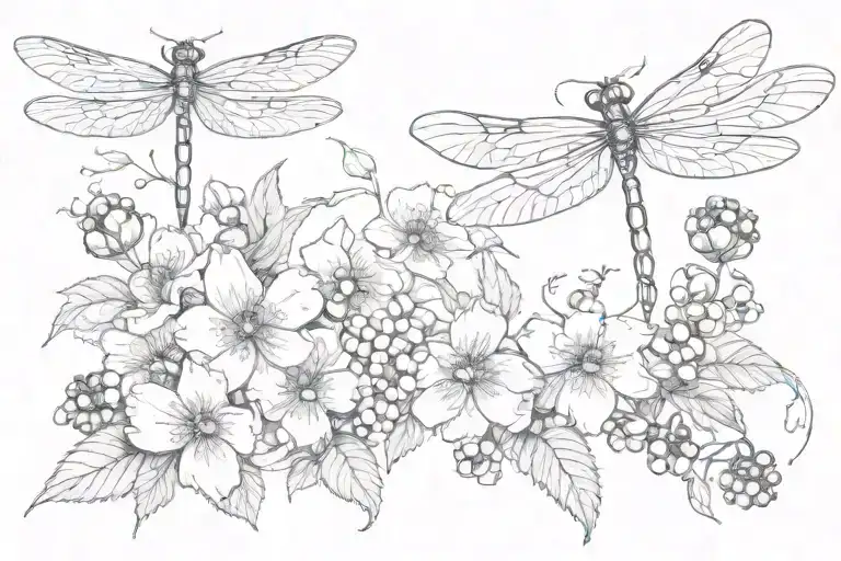 berries, dragonfly, floral tattoo design idea