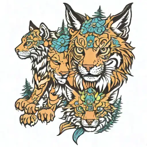 taiga, pines, firs, stream, lynx tattoo design idea