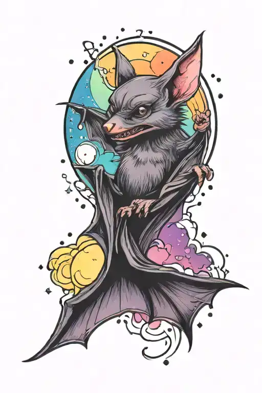 cartoon bat with moon and aurora borealis colors tattoo design idea