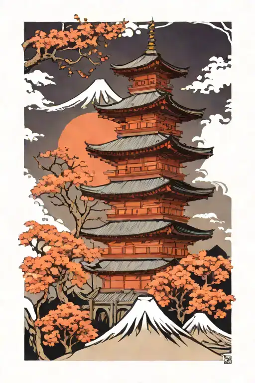 snowy mount fuji background with temple and samuri tattoo design idea