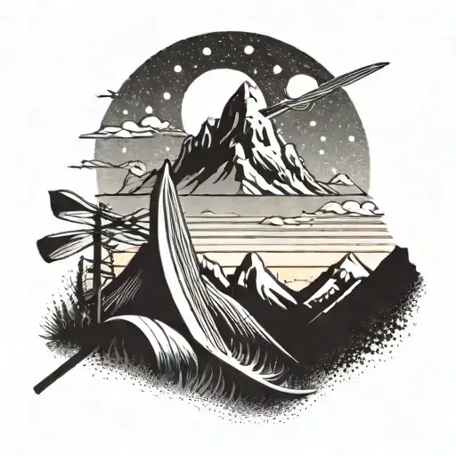 A sun setting behind a mountain range with skis and surfboards crossed in front tattoo design idea