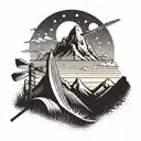 A sun setting behind a mountain range with skis and surfboards crossed in front tattoo design idea