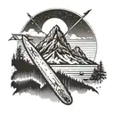 A sun setting behind a mountain range with skis and surfboards crossed in front tattoo design idea